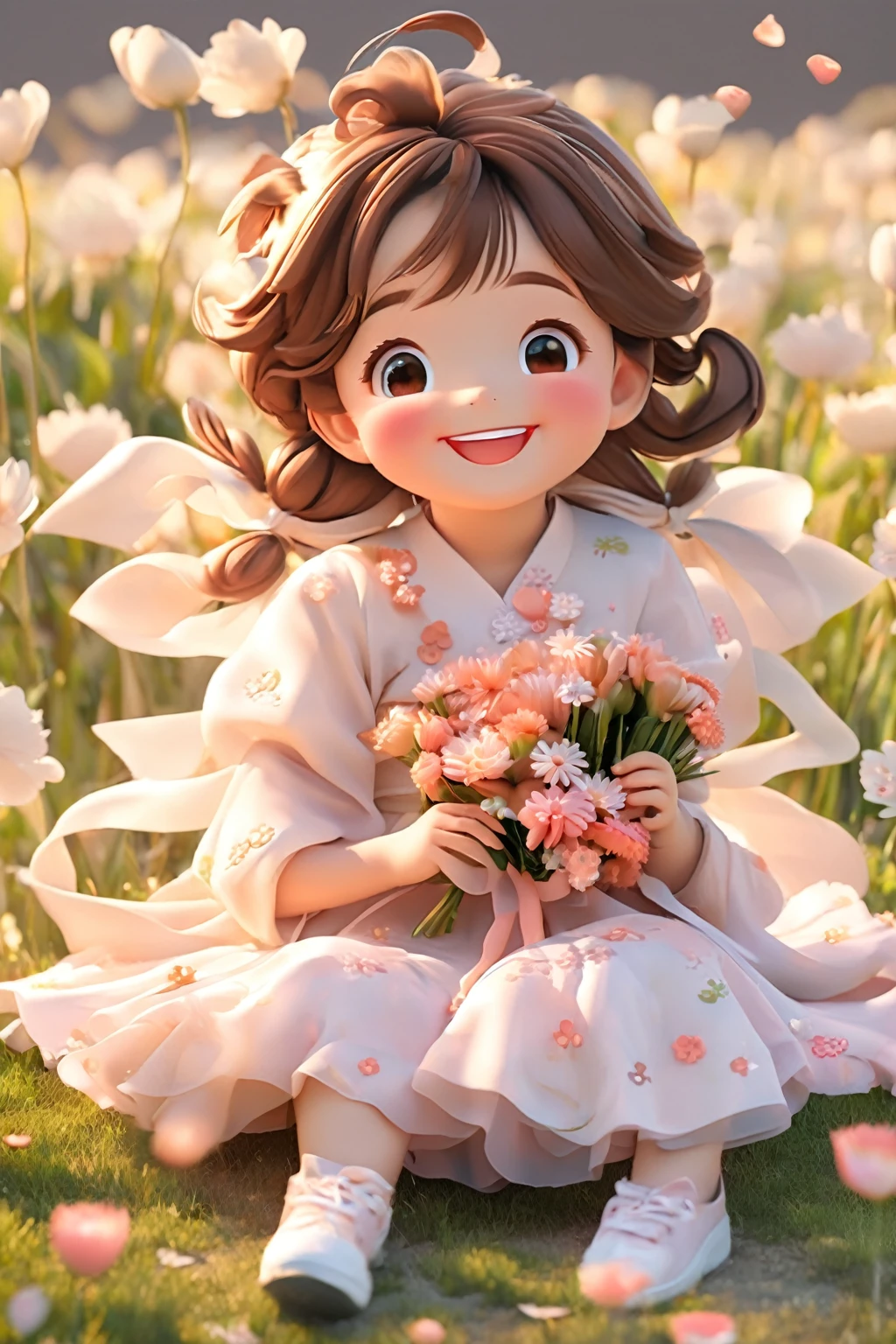 someone sitting on the ground，A bouquet of flowers in the hair, Sweet laugh, Cute numbers, Gentle and happy smile, Soft surprised smile, Lovely smile, Cute numbers艺术, Lovely smile, Sweet smile, Happy expression, Happy girl, Smiling girl, Cute smiling face, beautiful and smiling, Happy children, She smiled，very happy