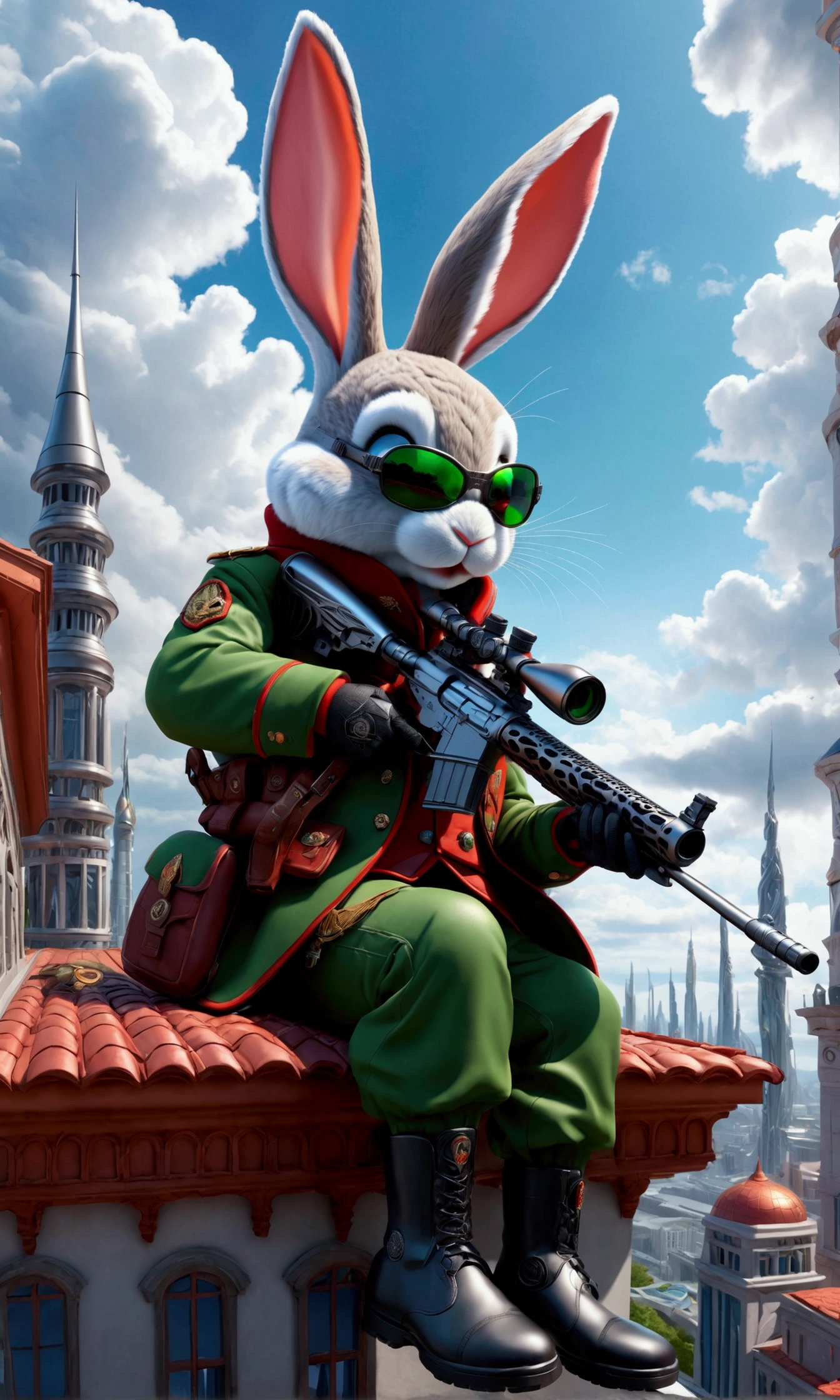 (Close-up of anthropomorphic bunny sitting on edge of roof and aiming with elite sniper rifle:1.3), (rifle has ornate golden handle:1.1), (stylish high-neck military jacket:1.1), white-pink clothes, (leather gloves, cool glasses:1.1), (pants with pockets:1.2), (background is futuristic crystal towers:1.1), (beautiful romantic cloudy twilight:1.2), (futuristic architecture with intricate otherworldly design:1.2), bright colors, masterpiece in maximum 16K resolution, best quality, ultra detailed, aesthetics, absurdes.
