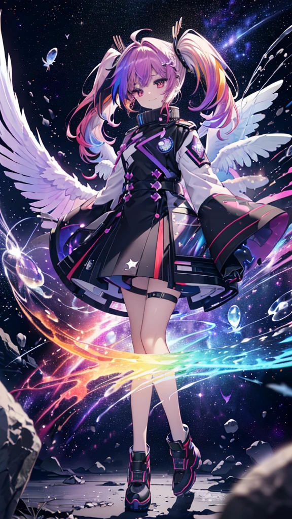 ((Archangel Fantasy Rainbow Hair Make your hair rainbow-colored on the inside Twin tails Dull red eyes Has a galaxy uniform Put on a coat without putting your arms through it Wings many times larger than mine rainbow gradient feathers Lonely Smiling Kindly front)) ((tears gloves)) (Broken glass Rolling Pebbles Distorted Space-Time star) Catch the wind milky way Shining Background Particles of light, rainbow colored edges star