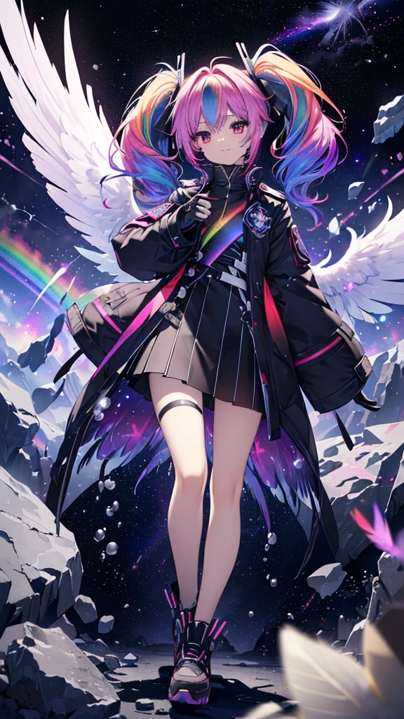 ((Archangel　Fantasy　Rainbow Hair　Make your hair rainbow-colored on the inside　Twin tails　Dull red eyes　Has a galaxy　uniform　Put on a coat without putting your arms through it　Wings many times larger than mine　rainbow gradient feathers　Lonely　Smiling Kindly　front))　((tears　gloves))　(Broken glass　Rolling Pebbles　Distorted Space-Time　star)　Catch the wind　milky way　Shining Background　Particles of light, rainbow colored edges　star