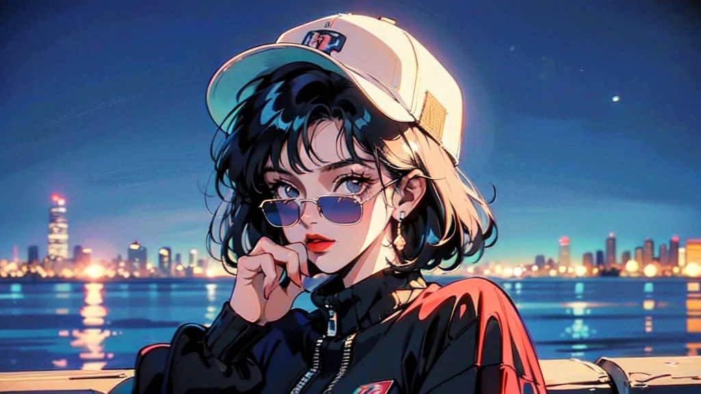 (80's, Retro, City Pop:1.5),  (masterpiece, Highest quality, Exquisite detail), (anime, figure), girl, alone, cool, Wearing sunglasses, short hair,Cityscape, City of night, Street fashion, Wearing a hoodie, Wearing a black baseball cap
