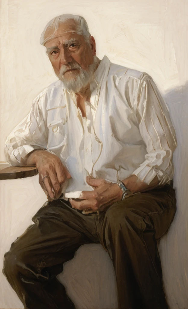 Oil painting of an old man ((best work of art)) ((very contrasted image)) ((White background)) Brown hair, modern, jeans, current white background, Nick Alm, by Andrea Pozzo, Jeremy Lipking, range murata Jeremy Lipking, by Carlo Mense, inspired by Enrique Simonet, sargento marshénnikov, by Michael Ford, krenzcushart, Jeremy Lipking full length shot, by Josep Rovira Soler