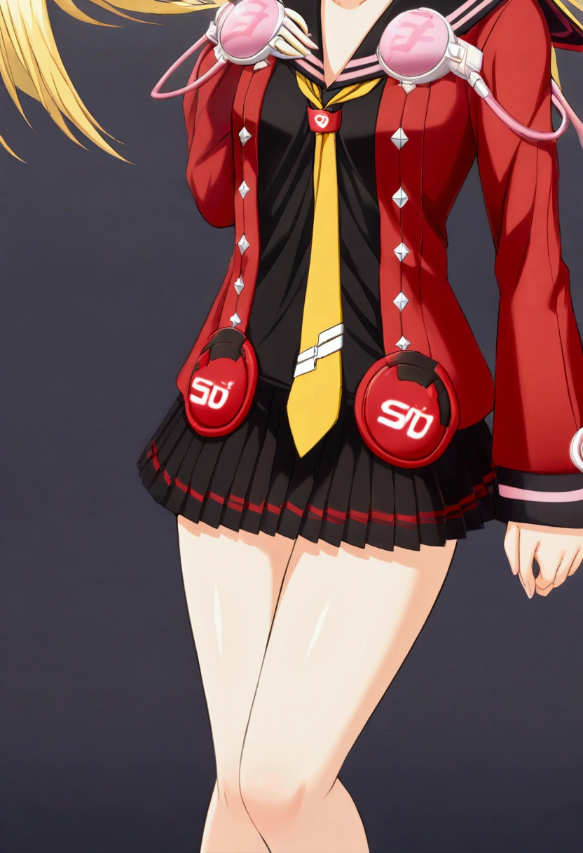 score_9, score_8_superior, score_7_superior, Break Source_anime, Game CG, One girl, alone, Emilyap, Blonde, one side superior, Red jacket, Black sailor collar, Black Shirt, Yellow tie,Lower body naked, Simple Background,