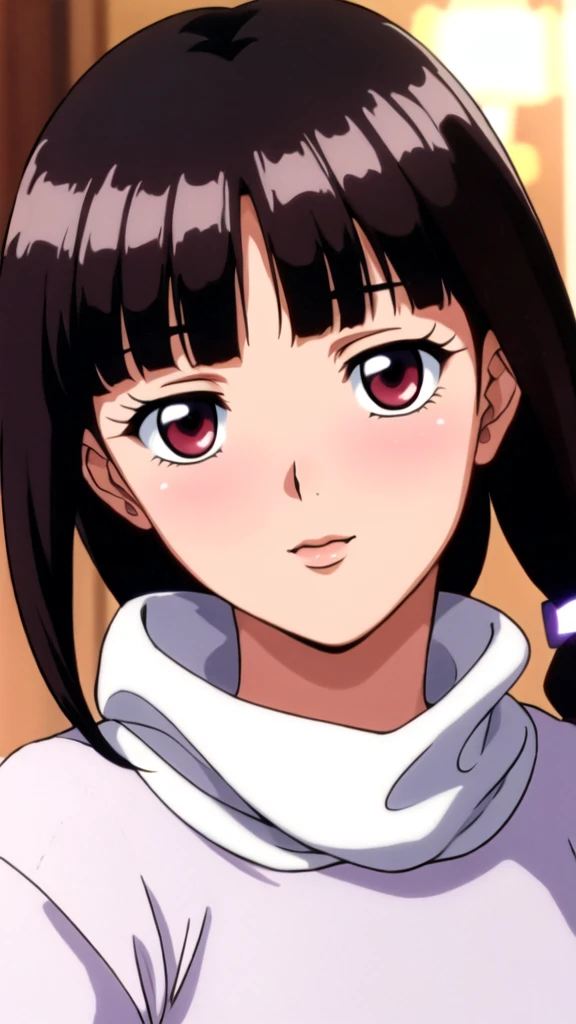 white turtleneck, black shirt,black long skirt,white belt,hair ornament, hair scrunchie,low ponytail,
long hair,bangs, black hair, blunt bangs,big red eyes,alone, 1 girl,Young female, 18 years old, very cute, smile, Beautiful Finger,Beautiful long legs,Beautiful body,Beautiful Nose,Beautiful character design, perfect eyes, perfect face,expressive eyes, looking at viewer, in the center of the image,(light smile:0.5), official art, indoor, portrait, perfect lighting,Colorful, Bright_Front_face_Lighting,shiny skin, (masterpiece:1.0),(best quality:1.0), ultra high res,4K,ultra-detailed, photography, 8K, HDR, highres, absurdres:1.2, Kodak portra 400, film grain, blurry background, bokeh:1.2, lens flare, (vibrant_color:1.2), (beautiful face), (curvy body), ashamed, blushing, glossy lips, glossy rouge, jealousy,