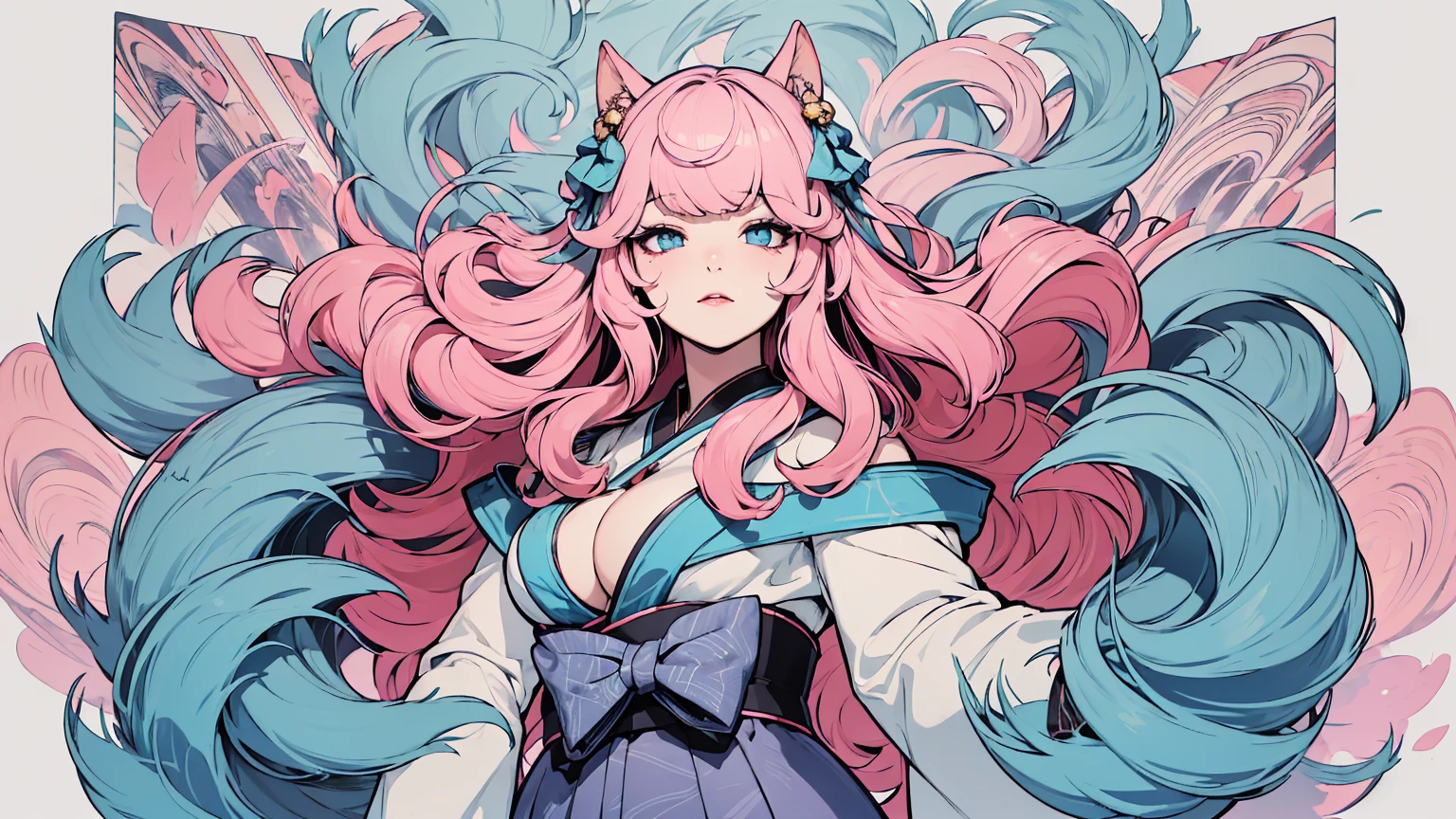 (masterpiece, best quality), beautiful woman, soft light, hakama, short skirt, ((cleveage, breasts)), wavy hair, asymmetrical bangs, perfect face, beautiful face, alluring, big gorgeous eyes, soft smile, perfect slim fit body, outdoors, standing, abstract background, bright colors, (risograph), medium breasts, solo, sexy