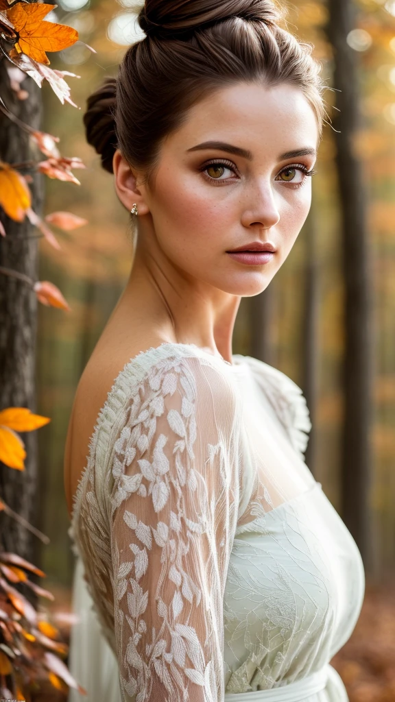 beautiful woman (Aish45h4rm4:.99), beautiful hair, elegant, (topbun:1.44), ((portrait)), (closeup:1.1), ((from the waist up)), (falling leaves:1.2), ((autumn forest)) (foggy background), natural skin texture, ((fashion model)), ((wearing a Square Neck dress with keyhole neckline:1.2)), 24mm, 4k textures, soft cinematic light, adobe lightroom, photolab, hdr, intricate, elegant, highly detailed, sharp focus, ((((cinematic look)))), soothing tones, insane details, intricate details, hyperdetailed, low contrast, soft cinematic light, exposure blend, hdr, faded,