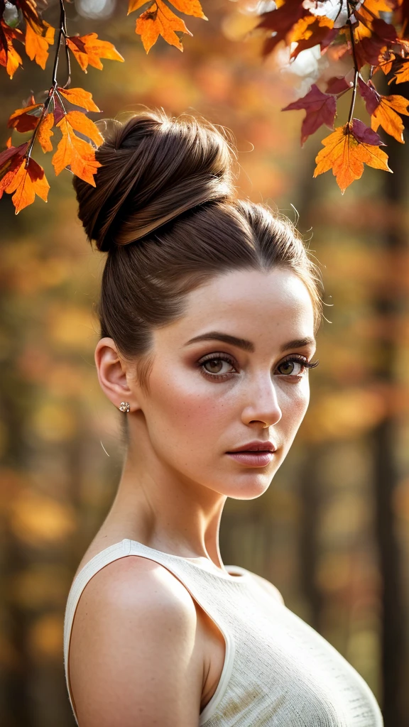 beautiful woman (Aish45h4rm4:.99), beautiful hair, elegant, (topbun:1.44), ((portrait)), (closeup:1.1), ((from the waist up)), (falling leaves:1.2), ((autumn forest)) (foggy background), natural skin texture, ((fashion model)), ((wearing a Square Neck dress with keyhole neckline:1.2)), 24mm, 4k textures, soft cinematic light, adobe lightroom, photolab, hdr, intricate, elegant, highly detailed, sharp focus, ((((cinematic look)))), soothing tones, insane details, intricate details, hyperdetailed, low contrast, soft cinematic light, exposure blend, hdr, faded,