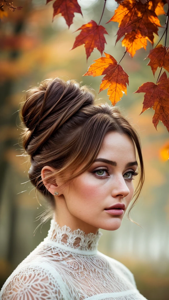 beautiful woman (Aish45h4rm4:.99), beautiful hair, elegant, (topbun:1.44), ((portrait)), (closeup:1.1), ((from the waist up)), (falling leaves:1.2), ((autumn forest)) (foggy background), natural skin texture, ((fashion model)), ((wearing a Square Neck dress with keyhole neckline:1.2)), 24mm, 4k textures, soft cinematic light, adobe lightroom, photolab, hdr, intricate, elegant, highly detailed, sharp focus, ((((cinematic look)))), soothing tones, insane details, intricate details, hyperdetailed, low contrast, soft cinematic light, exposure blend, hdr, faded,