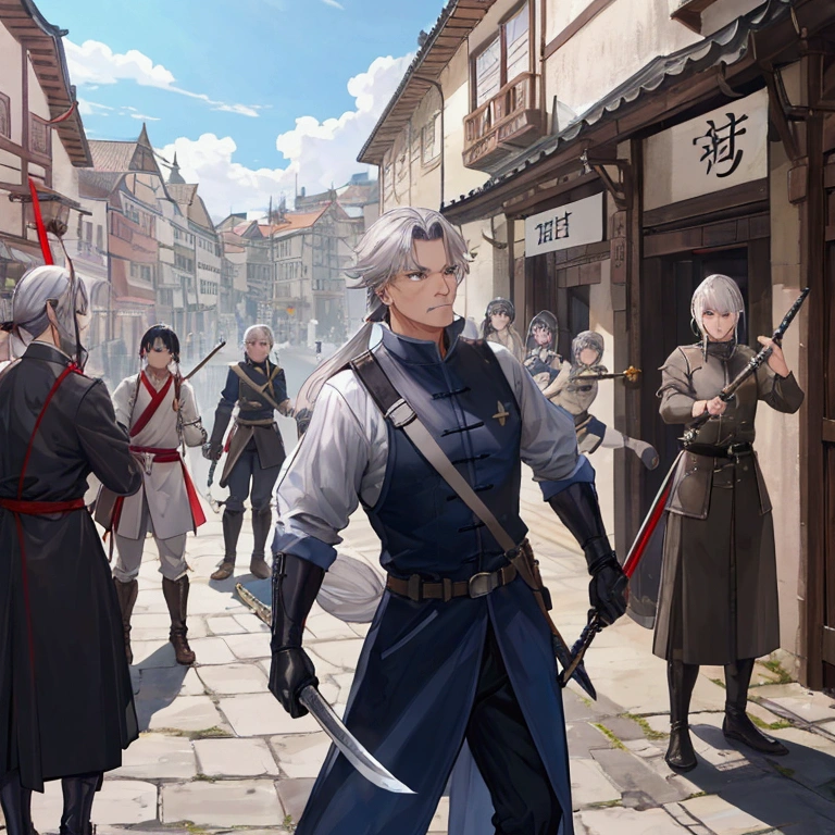 Middle-aged men、Gray Hair、Dressed as an adventurer、Holding a sword、Teaching residents the basics of defense and attack。A scene where the residents are being trained in the town square