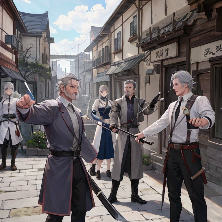 Middle-aged men、Gray Hair、Dressed as an adventurer、Holding a sword、Teaching residents the basics of defense and attack。A scene where the residents are being trained in the town square