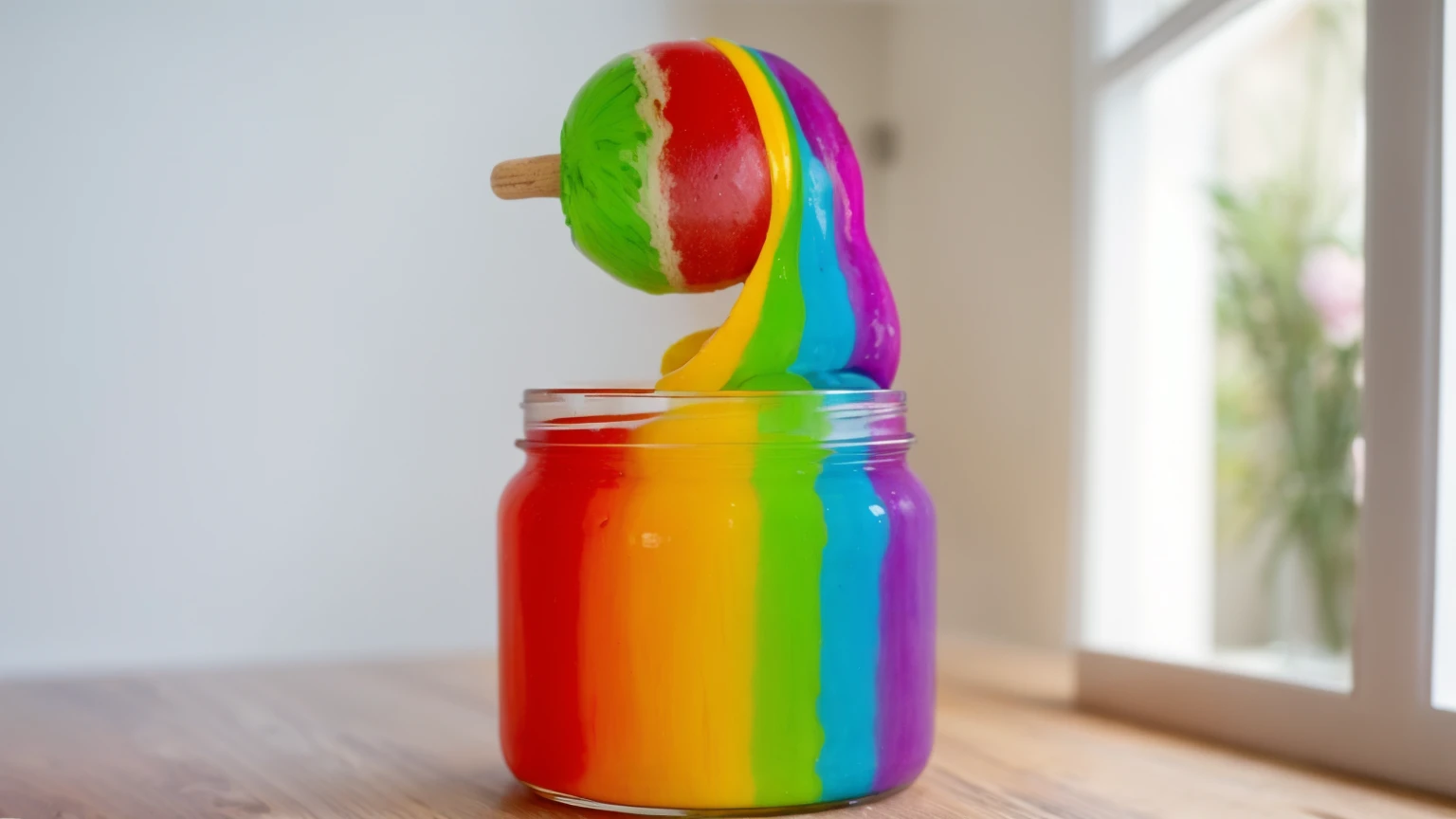 on a wooden table, there's a jar with rainbow cream inside, ice cream (sphere) red white and green, ice cream на деревянной палочке окунули в радужный крем, rainbow cream drips, against the background of the kitchen, against the background of the window, contour light, Multiple light sources, beautiful lighting, Bright light source, bright lighting, beautiful light sources, Multiple light sources, Realistic style , realistic texture, detailed texture, a high resolution, high quality, ultra hd 4k