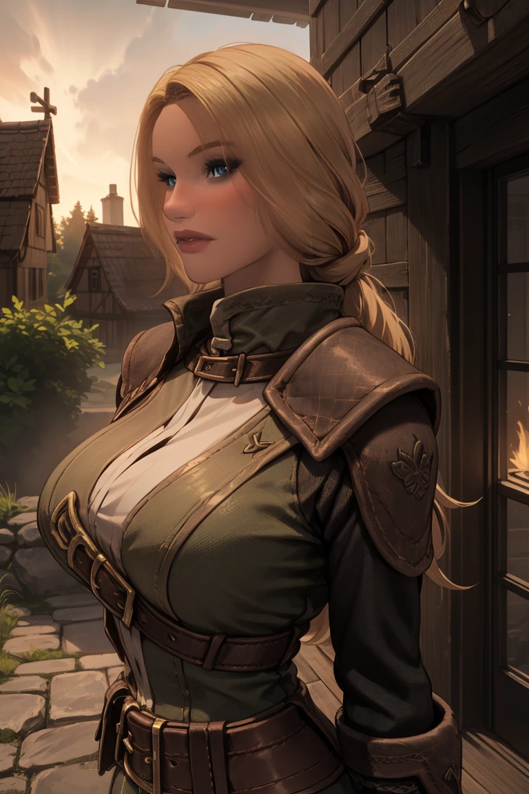 1 girl, masterpiece, 32 yo, femalebreton beauty sits outdoors in a rustic Skyrim village, surrounded by thatched roofs and lush greenery. The sun casts a warm glow on her porcelain skin as she gazes directly into the camera lens, her piercing green eyes sparkling with a hint of mischief. Her raven tresses cascade down her back like a waterfall, framing her heart-shaped face. A gentle smile plays on her lips, inviting the viewer to step into her whimsical world. blonde hair, fit body, (female front body view:1.3), (looking straight at the viewer:1.3)