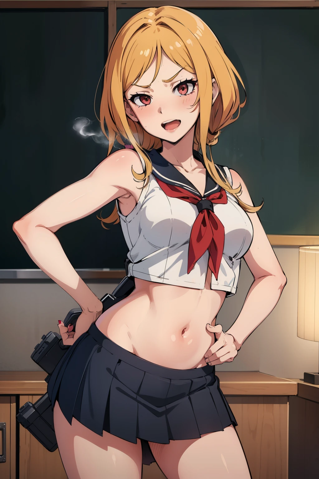 , quistis,  standing, blush, lipstick, long hair, crazy eyes ,Hot girl, baddie, staring, glaring, bad attitude, mean girl, dare, angry, hate, crazy, smoking, sensual, attractive, masterpiece, best quality, highly detailed, a anime girls in sailor uniforms with a gun posing for a picture,
evil smile, smile, open mouth,black_serafuku, ecchi anime style, anime girls , (nsfw) not safe for work,
ecchi style, ecchi, shipgirls, digital anime art!!, high school girls, holding a gun, hold a gun, anime style 4
k, micro skirt, exposed belly, exposed navel, exposed midriff, holding pistol,underboob,
exposed lower belly,school, classroom,