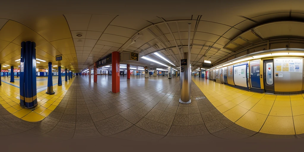 Equirectangular 360-degree panorama view photo with left and right ends seamlessly connected. japanese subway, urban