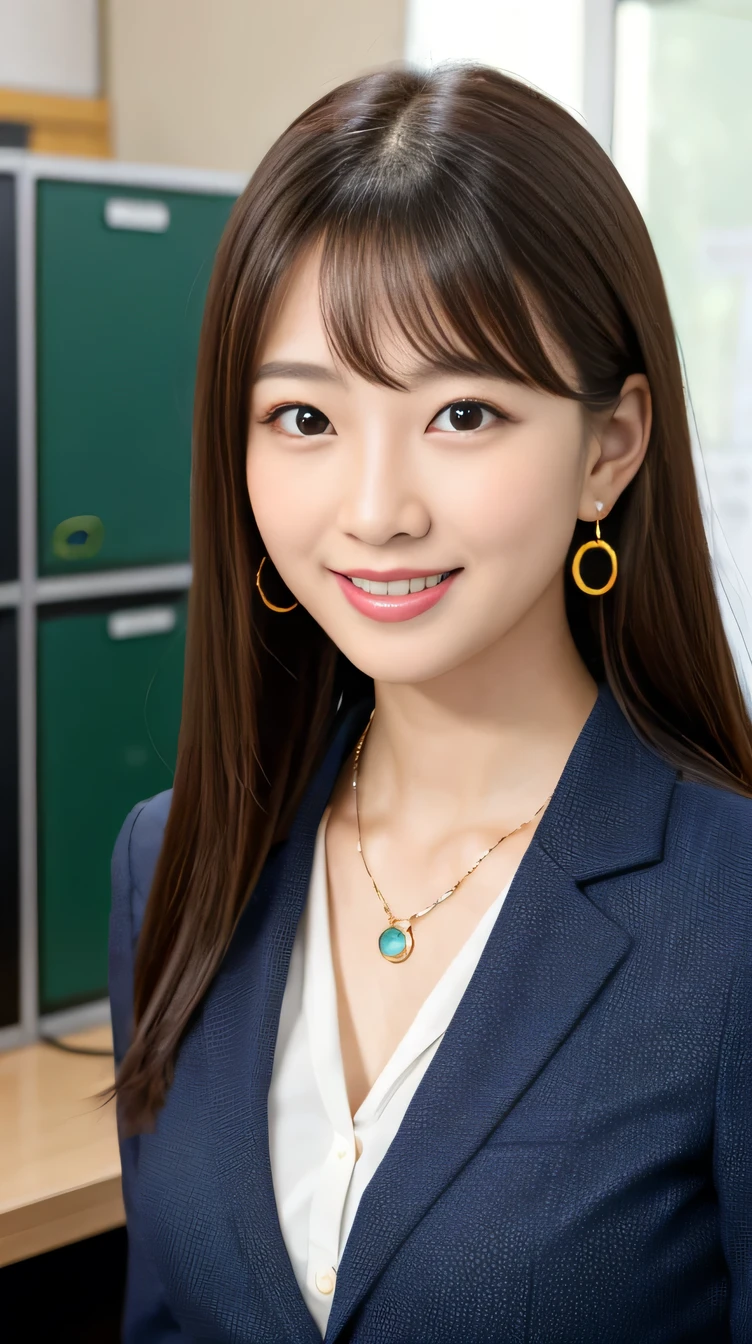 high quality:1.2), RAW Photos, High resolution, Very detailed, Intricate details, 、Two women standing side by side、ear piercing、smile、Black Hair,、Hair length to shoulders(Front view, ), Clear beauty, Standing in an office room, Upper Body, (High Quality Fabric, Office Lady Suits 、Necklace around the neck、, The background is the office