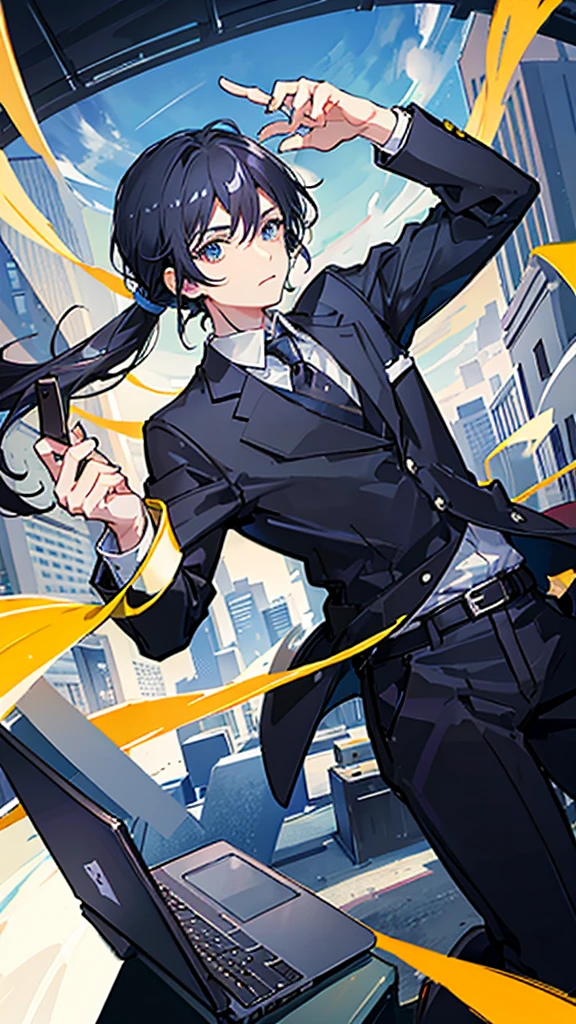 The background is the office、Working on a laptop、A man around 35 years old、A man with waist-length black hair tied back、Wearing a black suit、Eye color is a calm blue、The place is the company、I work with my subordinates、The office is very stylish。