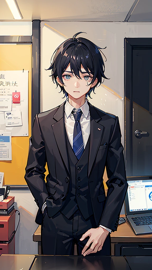 The background is the office、Working on a laptop、A man around 35 years old、A man with waist-length black hair tied back、Wearing a black suit、Eye color is a calm blue、The place is the company、I work with my subordinates、The office is very stylish。