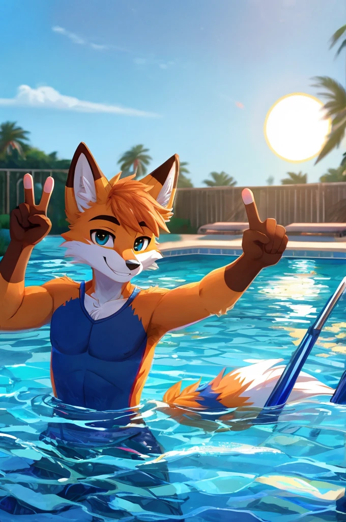 Top shot of an anthropomorphic male teenage fox which is relaxing on a pool with crystal clear water, all this while showing a smile on his face, winks and has an arm extended upward while his hand gestures a V sign, the scene is perfectly lit by the midday sun.