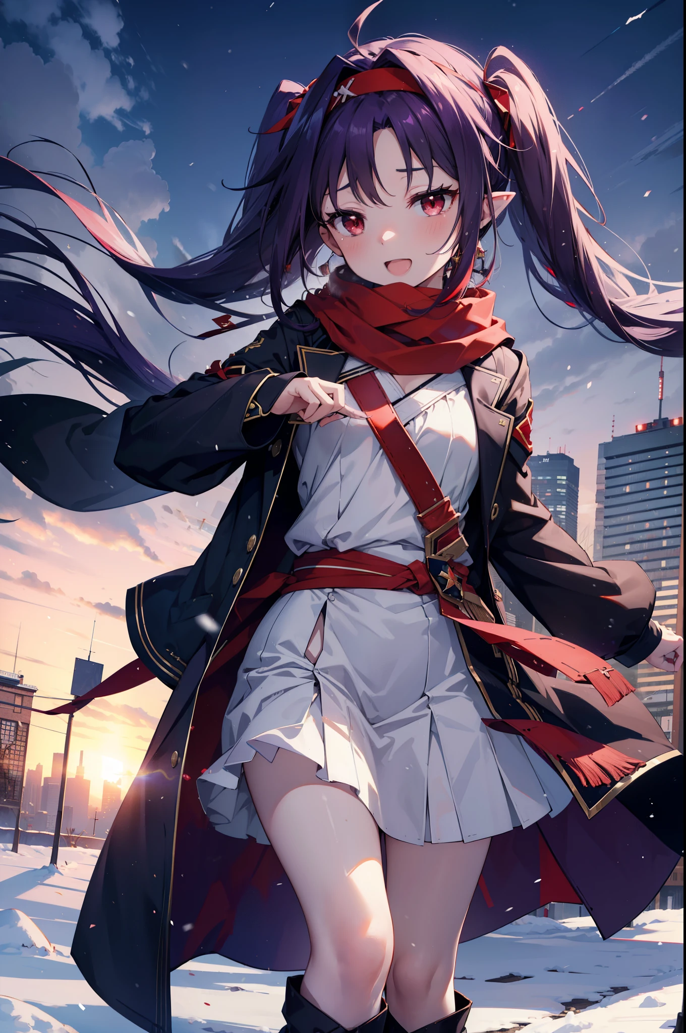 yuukikonno, Konno Yuuki, Long Hair, Pointed Ears, Purple Hair, (Red eyes:1.5), (Small breasts:1.2), Open your mouth,happy smile, smile, Open your mouth,hair band,low　Twin tails red scarf,Purple long coat,V-neck sweater,Long skirt,short boots,snowが降っている,snowが降り積もっている,snow,snow,snow,snow,winter,Cold night,Walking,whole bodyがイラストに入るように,Looking down from above,
break looking at viewer,  whole body,
break outdoors, In town,
break (masterpiece:1.2), Highest quality, High resolution, unity 8k wallpaper, (figure:0.8), (Beautiful attention to detail:1.6), Highly detailed face, Perfect lighting, Highly detailed CG, (Perfect hands, Perfect Anatomy),