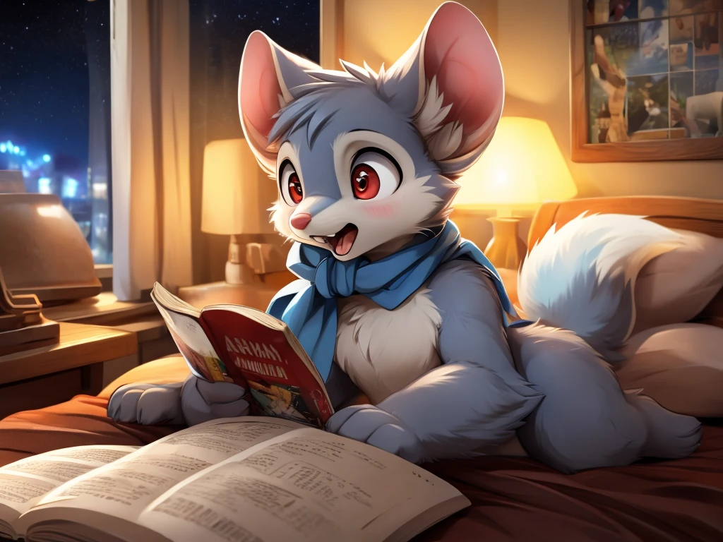 Male Anthro mouse aroused reading porn magazine, lying on the bed, angry eyes, open mouth, (masturbating), heavily blushing, ((Looking at porn magazine)) ((reading)), ((looking down)), (hand holding dick), nsfw, teeth, tongue, red eyes, white sclera, expressive eyes, white fur, penis, chest tuft, four fingers, mouse tail, detailed big hands, ((light blue scarf)), ((night)), Meia-noite, loaded on e621, by dagasi, by loimu, By Hiroshiru, por silverfox5213, [fund: (Bedroom), rustic lamp, pillow), cute-fine-face, ultra cute face, (hip focus), Depth of field, Three-quarter view, ambient lighting, detailed back ground, Ray tracing, conceptual artwork, highy detailed, ((work of art)), ((best qualityer)), film composition, ultra realistic, (high détail:1.3), sharp focus.