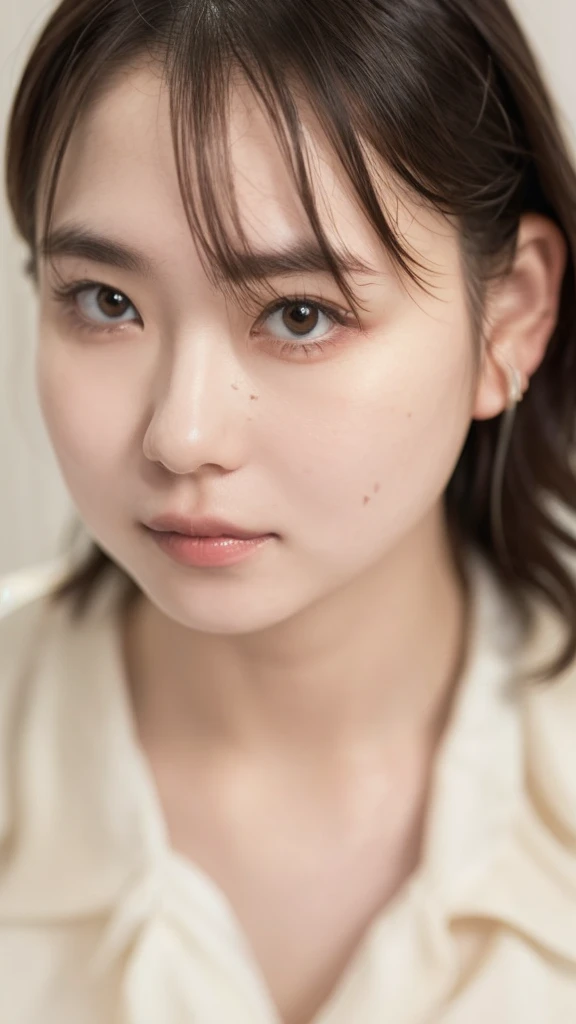((Extremely precise and accurate anatomy:1.0)), (photo realistic:1.4), (Hyper realistic:1.4), (Highest qualityの現実的な肌の質感:1.4), (Improvement of quality:1.4), (Enhances the beauty of skin texture:1.1), Clean and glowing skin,(((masterpiece、Attention to detail、Ultra-high resolution、Cute Japanese Woman)))、length, Straight black hair frames her face、Each strand of hair is clearly visible、The skin is white and smooth、Has a natural glow、Fine skin、毛穴のExpressing every detail、A detailed look at the areas with slight redness on the forehead and cheeks、The eyes are dark brown.、Iris Detail、Expressing color gradations and patterns、length, Natural Eyelashes, well-groomed eyebrows、personal々The hair is clearly visible、Light reflects off the eyes、Create small highlights、The nose is delicate、nose孔の細かいディテール、Lips are plump and naturally pink、Fine lines and soft curves of the lips、Glossy Lips、Enhances the shape of your lips、Detailed depiction of lip texture、((depiction of light and shadow))、Soft natural light gently illuminates your face from the front、A faint glow on the forehead, nose, and cheeks、The shadows are softly cast along the contours of the face.、Accentuate the curves of your cheekbones, chin and sides of your nose、Her lip gloss subtly reflects the light...、Increases lip plumpness、The shadows in the hair add depth and dimension、Your hair sparkles in the light、The background is simple and blurry.、Focus on the face、(((Highest quality、Expressing every detail)))