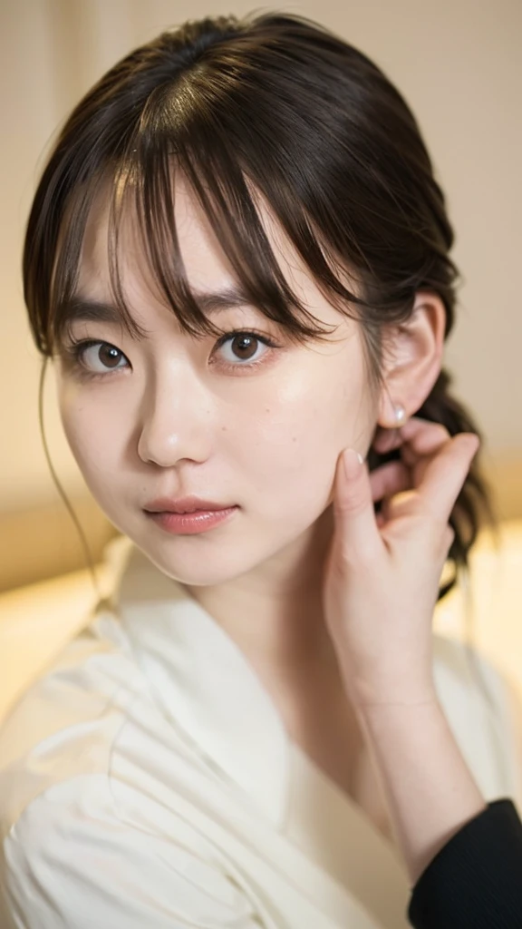 ((Extremely precise and accurate anatomy:1.0)), (photo realistic:1.4), (Hyper realistic:1.4), (Highest qualityの現実的な肌の質感:1.4), (Improvement of quality:1.4), (Enhances the beauty of skin texture:1.1), Clean and glowing skin,(((masterpiece、Attention to detail、Ultra-high resolution、Cute Japanese Woman)))、length, Straight black hair frames her face、Each strand of hair is clearly visible、The skin is white and smooth、Has a natural glow、Fine skin、毛穴のExpressing every detail、A detailed look at the areas with slight redness on the forehead and cheeks、The eyes are dark brown.、Iris Detail、Expressing color gradations and patterns、length, Natural Eyelashes, well-groomed eyebrows、personal々The hair is clearly visible、Light reflects off the eyes、Create small highlights、The nose is delicate、nose孔の細かいディテール、Lips are plump and naturally pink、Fine lines and soft curves of the lips、Glossy Lips、Enhances the shape of your lips、Detailed depiction of lip texture、((depiction of light and shadow))、Soft natural light gently illuminates your face from the front、A faint glow on the forehead, nose, and cheeks、The shadows are softly cast along the contours of the face.、Accentuate the curves of your cheekbones, chin and sides of your nose、Her lip gloss subtly reflects the light...、Increases lip plumpness、The shadows in the hair add depth and dimension、Your hair sparkles in the light、The background is simple and blurry.、Focus on the face、(((Highest quality、Expressing every detail)))