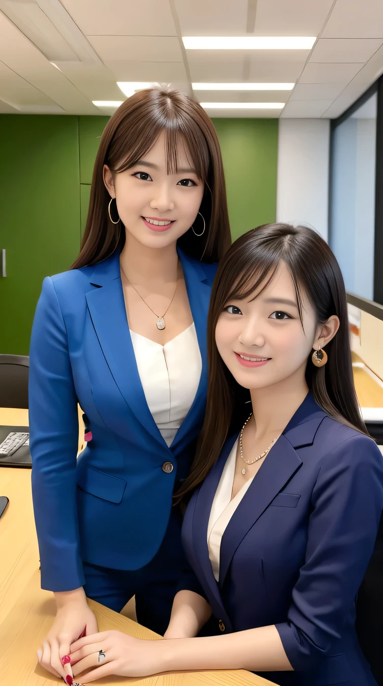 high quality:1.2), RAW Photos, High resolution, Very detailed, Intricate details, 、Two women standing side by side、ear piercing、smile、Black Hair,、Hair length to shoulders(Front view, ), Clear beauty, Standing in an office room, Upper Body, (High Quality Fabric, Office Lady Suits 、Necklace around the neck、, The background is the office
