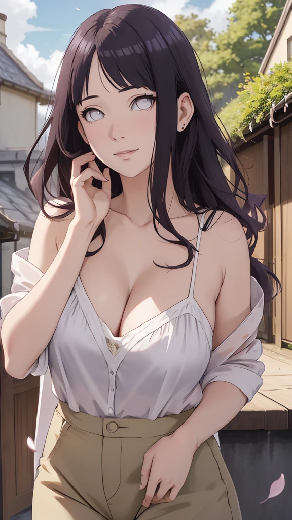 cleavage, tmasterpiece， hoang lap， hyouka\（boruto\）， 1girll， solo，a mature female， Purple slip dress，cleavage，Large breasts，Brown pants，exteriors，Lavender flower field， looking at viewert， （Falling petals）， mostly cloudy sky， perfect compositions， Detailed lips，， beauitful face， Body support， Be red in the face， （redish pink lips）， long whitr hair， White eyes， Soft gaze， sad smile， Super realistic， A detailed， photoshoot， Realistick faces and bodies， photo-realistic hair， photorealistic eye，realistic nose，realistic lips