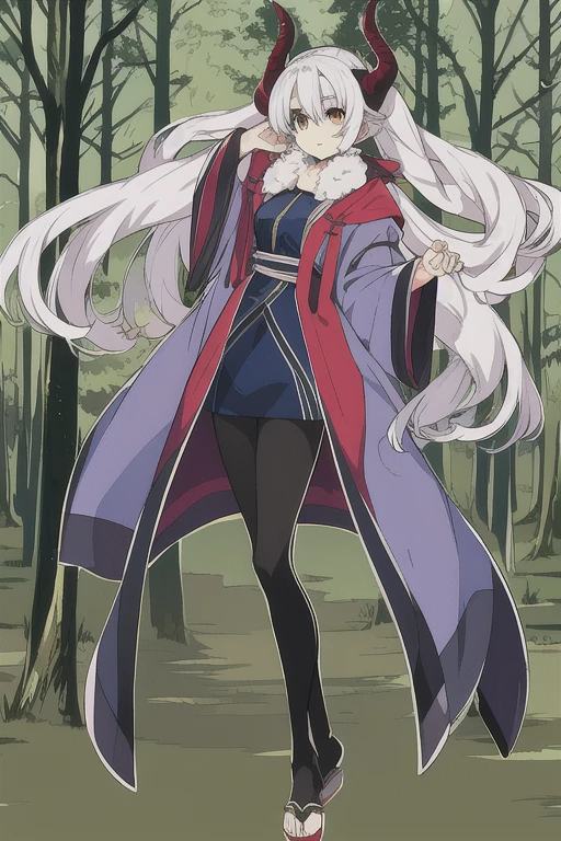 anime picture, perfect body, full body, forest background, teenage Ronin female with twin tail white hair (has a red horn) wearing a blue robe and black leggings