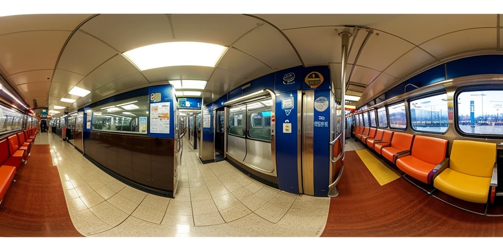 Equirectangular 360-degree panorama view photo with left and right ends seamlessly connected. in a train, subway, urban