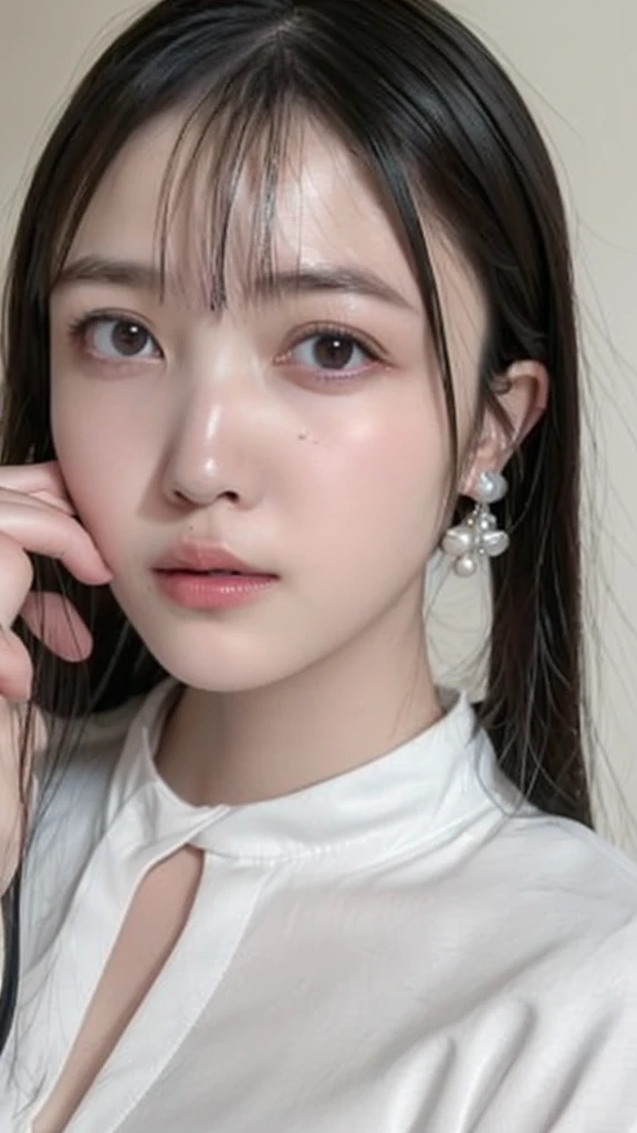 ((Extremely precise and accurate anatomy:1.0)), (photo realistic:1.4), (Hyper realistic:1.4), (Highest qualityの現実的な肌の質感:1.4), (Improvement of quality:1.4), (Enhances the beauty of skin texture:1.1), Clean and glowing skin,(((masterpiece、Attention to detail、Ultra-high resolution、Cute Japanese Woman)))、length, Straight black hair frames her face、Each strand of hair is clearly visible、The skin is white and smooth、Has a natural glow、Fine skin、毛穴のExpressing every detail、A detailed look at the areas with slight redness on the forehead and cheeks、The eyes are dark brown.、Iris Detail、Expressing color gradations and patterns、length, Natural Eyelashes, well-groomed eyebrows、personal々The hair is clearly visible、Light reflects off the eyes、Create small highlights、The nose is delicate、nose孔の細かいディテール、Lips are plump and naturally pink、Fine lines and soft curves of the lips、Glossy Lips、Enhances the shape of your lips、Detailed depiction of lip texture、((depiction of light and shadow))、Soft natural light gently illuminates your face from the front、A faint glow on the forehead, nose, and cheeks、The shadows are softly cast along the contours of the face.、Accentuate the curves of your cheekbones, chin and sides of your nose、Her lip gloss subtly reflects the light...、Increases lip plumpness、The shadows in the hair add depth and dimension、Your hair sparkles in the light、The background is simple and blurry.、Focus on the face、(((Highest quality、Expressing every detail)))
