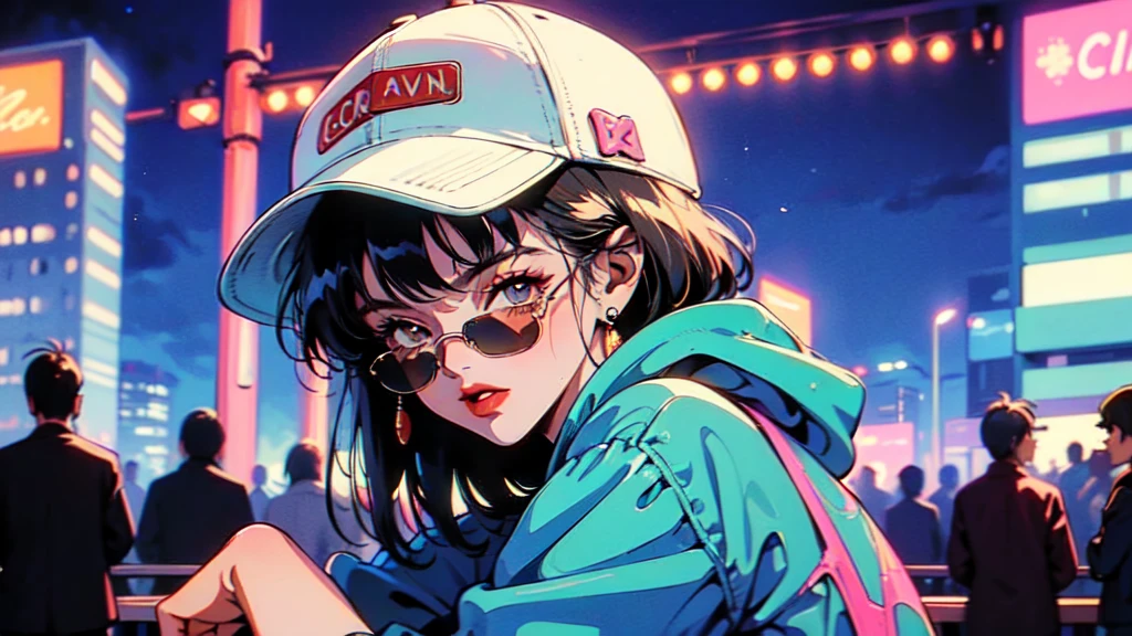 (80's, Retro, City Pop:1.5),  (masterpiece, Highest quality, Exquisite detail), (anime, figure), girl, alone, cool, Wearing sunglasses, short hair,Cityscape, City of night, Street fashion, Wearing a hoodie, Wearing a black baseball cap
