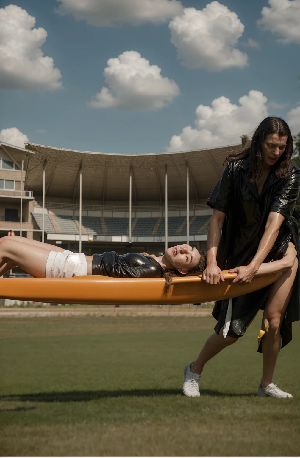 a blond woman is carrying a astretcher on a soccer field, there is a male soccer player in short sportswear lying injured on a stretcher, there is an injured sportsman who is covering his face on a stretcher, an injured sportsman is covering his face with his hands, an injured sportsman is writhing ecstatic in pain on a stretcher, dramatic pity pose, there is a very female woman in a high-shine coat, a high-shine black wetlook coat, a long shiny coat, a wetlook glossy coat, a wet black laquered coat, a very female looking wife is wearing a wetlook coat, injured, medic, soccer action pose, affection pose, lecherous action pose, dramatic action pose, theatralic pose, there is an attractive woman that is carrying a suffering man on a stretcher, there is a beautiful woman in a shiny coat who is carrying a blond man on a wet orange stretcher, a longhaired beautiful woman in a high-shine coat, a longhaired woman in a shiny downcoat, a woman is carrying a stretcher with a shorthaired man who is wearing shorts and a t-shirt, a weak man in spots shorts is consciousless and needs to be carried on a wetlook pvc stretcher, a shorthaired man with closed eyes is carried on a stretcher by a longhaired woman, a woman looks very scared and terrified, a consciousless man with closed eyes is suffering very much and has a very painful face, photo, photo shoot, photographed , accident, help, aid, first aid, pity