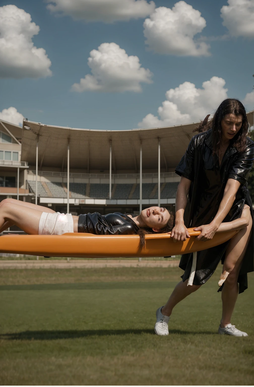 a blond woman is carrying a astretcher on a soccer field, there is a male soccer player in short sportswear lying injured on a stretcher, there is an injured sportsman who is covering his face on a stretcher, an injured sportsman is covering his face with his hands, an injured sportsman is writhing ecstatic in pain on a stretcher, dramatic pity pose, there is a very female woman in a high-shine coat, a high-shine black wetlook coat, a long shiny coat, a wetlook glossy coat, a wet black laquered coat, a very female looking wife is wearing a wetlook coat, injured, medic, soccer action pose, affection pose, lecherous action pose, dramatic action pose, theatralic pose, there is an attractive woman that is carrying a suffering man on a stretcher, there is a beautiful woman in a shiny coat who is carrying a blond man on a wet orange stretcher, a longhaired beautiful woman in a high-shine coat, a longhaired woman in a shiny downcoat, a woman is carrying a stretcher with a shorthaired man who is wearing shorts and a t-shirt, a weak man in spots shorts is consciousless and needs to be carried on a wetlook pvc stretcher, a shorthaired man with closed eyes is carried on a stretcher by a longhaired woman, a woman looks very scared and terrified, a consciousless man with closed eyes is suffering very much and has a very painful face, photo, photo shoot, photographed , accident, help, aid, first aid, pity