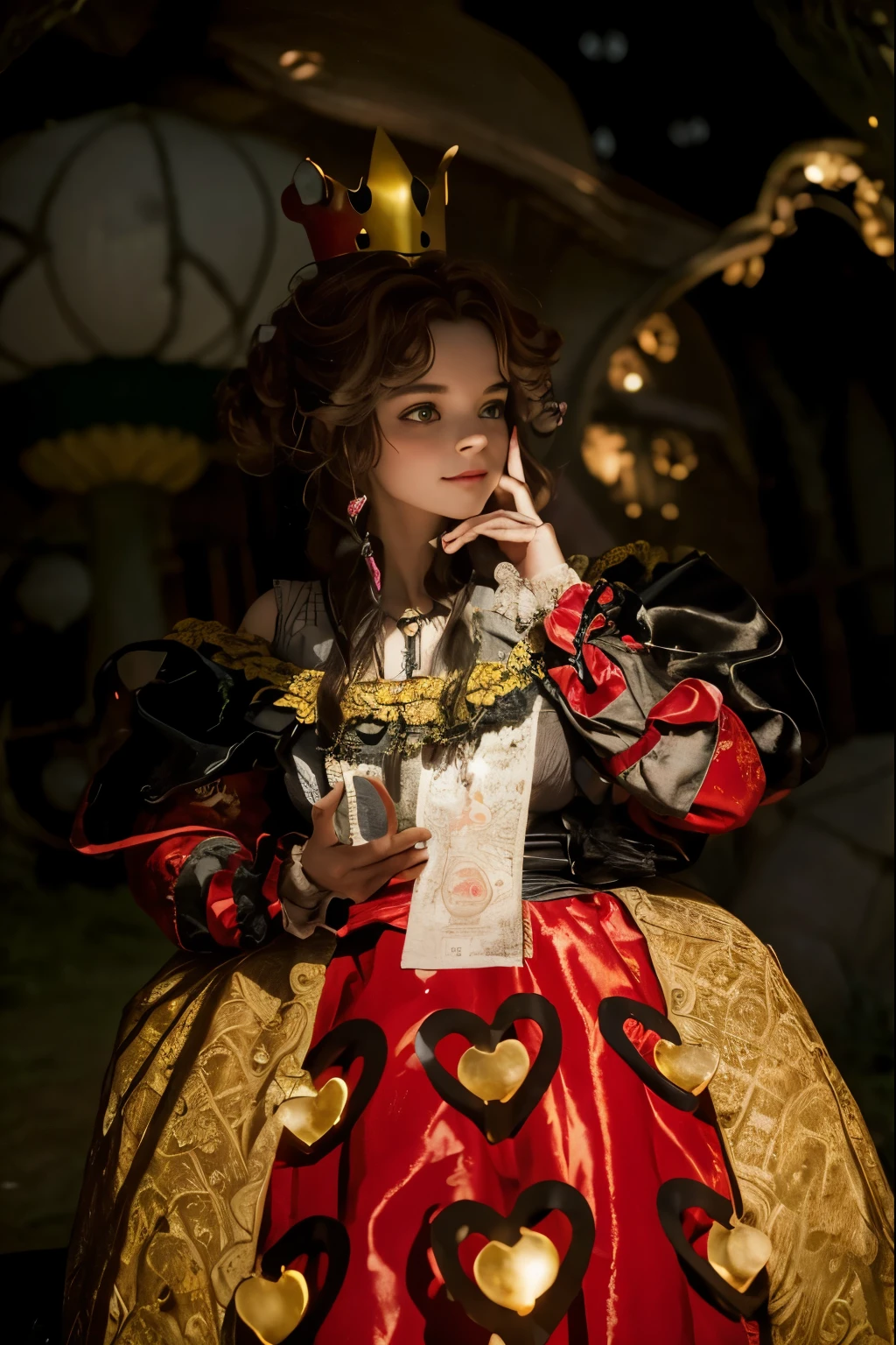 (Best quality, 8k, 32k, Masterpiece, UHD:1.2), "Transform the scene into the whimsical and surreal Wonderland from Tim Burton's Alice in Wonderland movie. Picture a fantastical landscape filled with vibrant colors, twisted shapes, and eccentric details that defy the laws of nature.

The sky is a swirling blend of deep purples and electric blues, dotted with fluffy, oversized clouds. The ground is a patchwork of lush, green meadows and peculiar, brightly colored flowers that seem to have a life of their own. Enormous mushrooms, in a variety of shapes and sizes, tower above, casting curious shadows.

In the distance, you can see the towering, whimsical architecture of the Queen of Hearts' castle, with its heart-shaped turrets and red-and-black color scheme. A winding path, paved with mismatched stones, leads through the landscape, inviting exploration. Along the path, you'll encounter all manner of strange and enchanting creatures, from the mischievous Cheshire Cat, with his wide grin and glowing eyes, to the endearing yet peculiar White Rabbit, always in a hurry.

The trees are gnarled and twisted, with branches that reach out like skeletal hands, some adorned with glowing lanterns and peculiar fruits. The foliage is dense and full of surprises, with occasional glimpses of fantastical creatures peeking through.

The overall atmosphere is one of enchantment and curiosity, with a touch of darkness and mystery, capturing the unique and magical essence of Tim Burton's Wonderland. Every element should be infused with a sense of whimsy and wonder, transforming the setting into a place where the impossible becomes possible." ((kingdom)) ((skies))