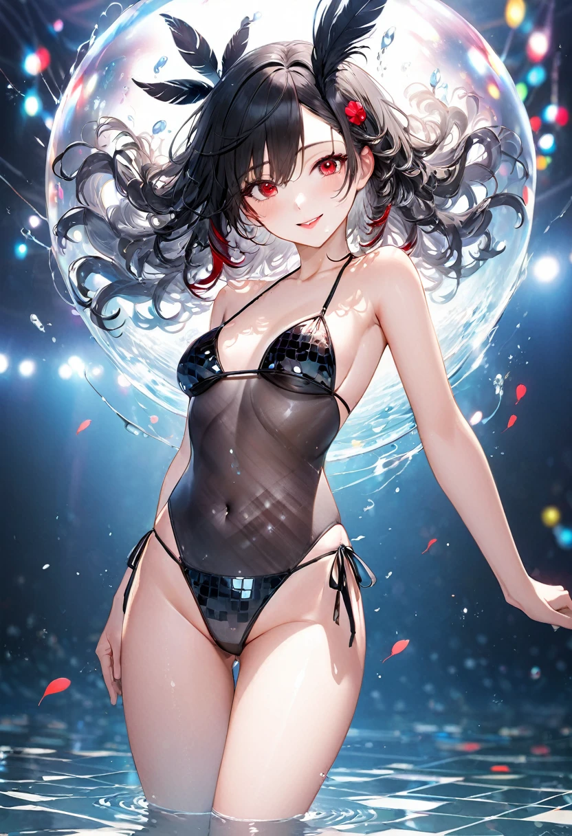(full body, evil swimsuit style), (solo:2, 15 yo, curly:1.3 black hair long hair lovely sadist girl, sexy red eyes, love smile, medium:1.2 tits, glossy lip), (in a Black diamond pattern micro bikini swimsuit, double exposure:1.3 black Feather), break, in the Swimsuit contest venue, background beautiful ocean and Double Exposure many feather of lights, BREAK, perfect anatomy, masterpiece, best quality, 16k, beautiful detailed love, sexy, daydreaming expression.