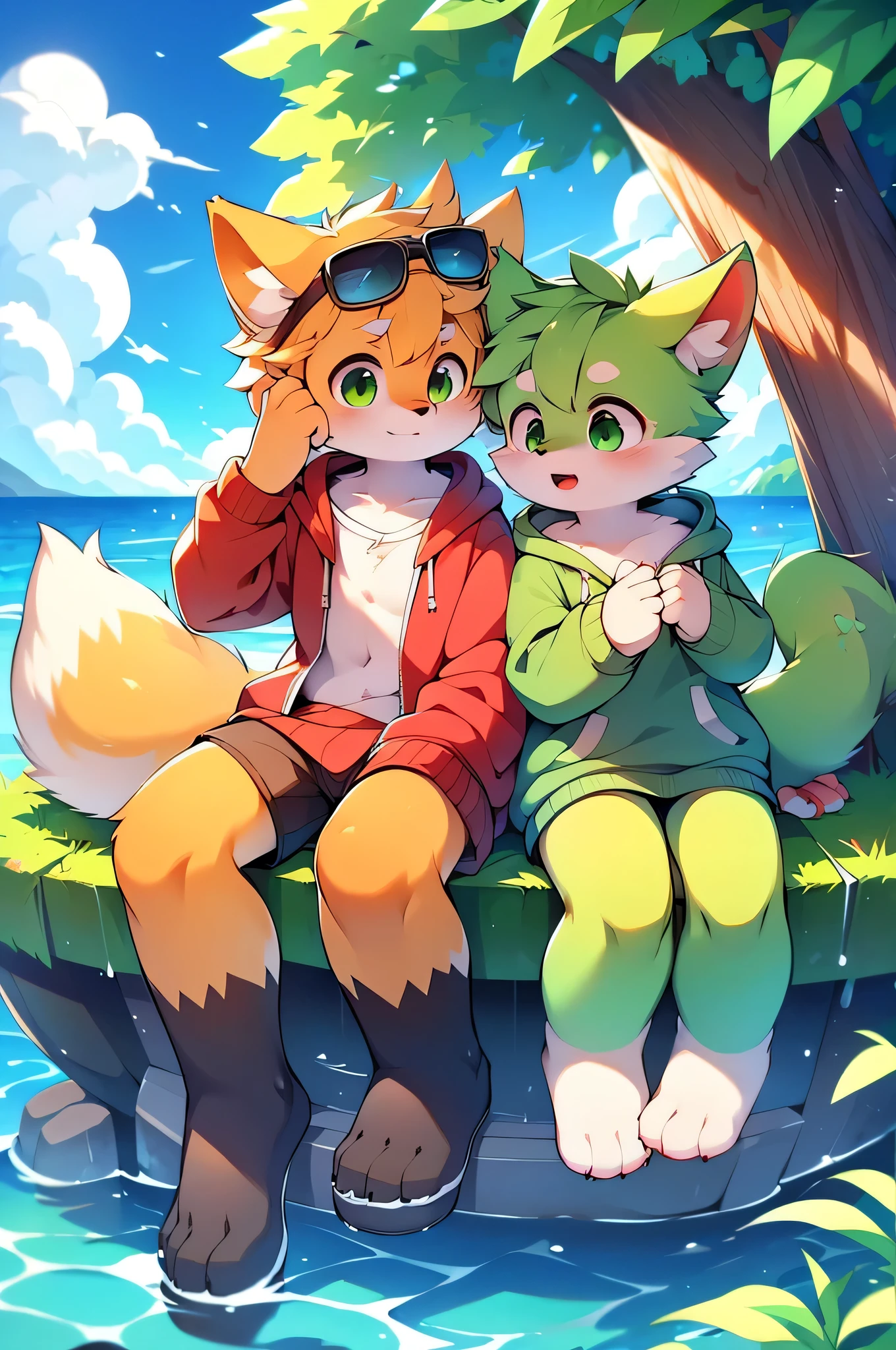 Furry,Fox,boy,8k resolution,最high resolution, high resolution,Seascape,In a hoodie,Green Eyes,summer