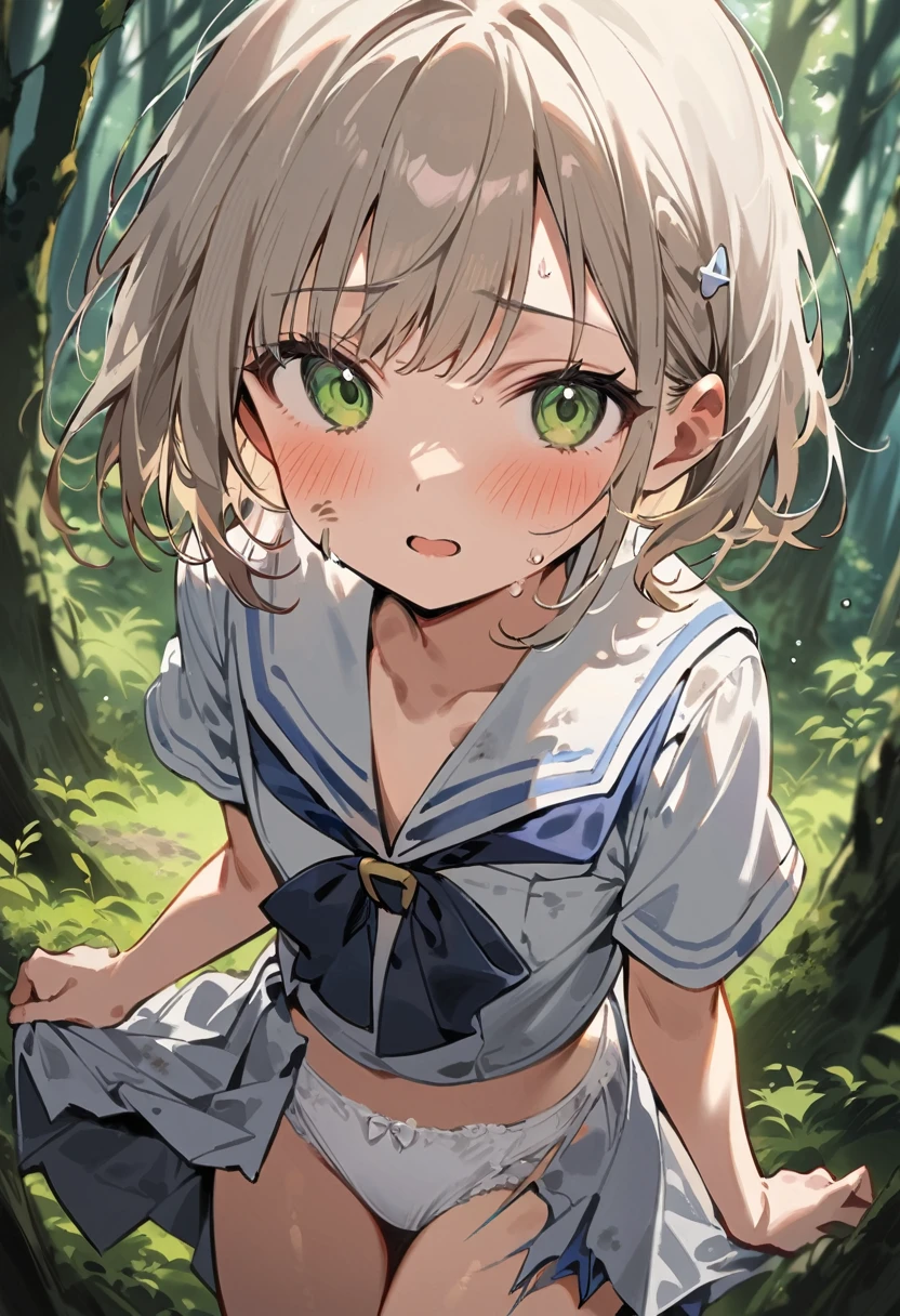 beautiful detailed girl,(masterpiece,best quality,extremely detailed:1.2),((cowboy shot:1.1)),(solo,,kawaii,slender,small breasts:1.25),(pained look:0.8),((white underwear:1.1) in (Torn school uniform):2),(dirty:2),blush,shy,weep,standing,(deep forest:1.5),(hug:0.4),rating: general, newest,Sexy face