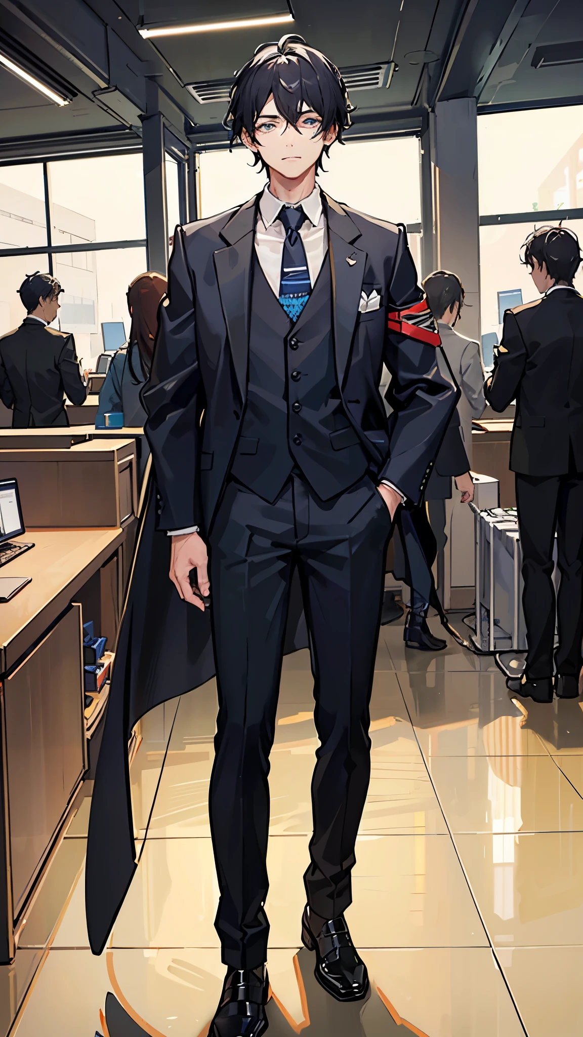The background is the office、Working on a laptop、A man around 35 years old、A man with waist-length black hair tied back、Wearing a black suit、Eye color is a calm blue、The place is the company、I work with my subordinates、The office is very stylish。