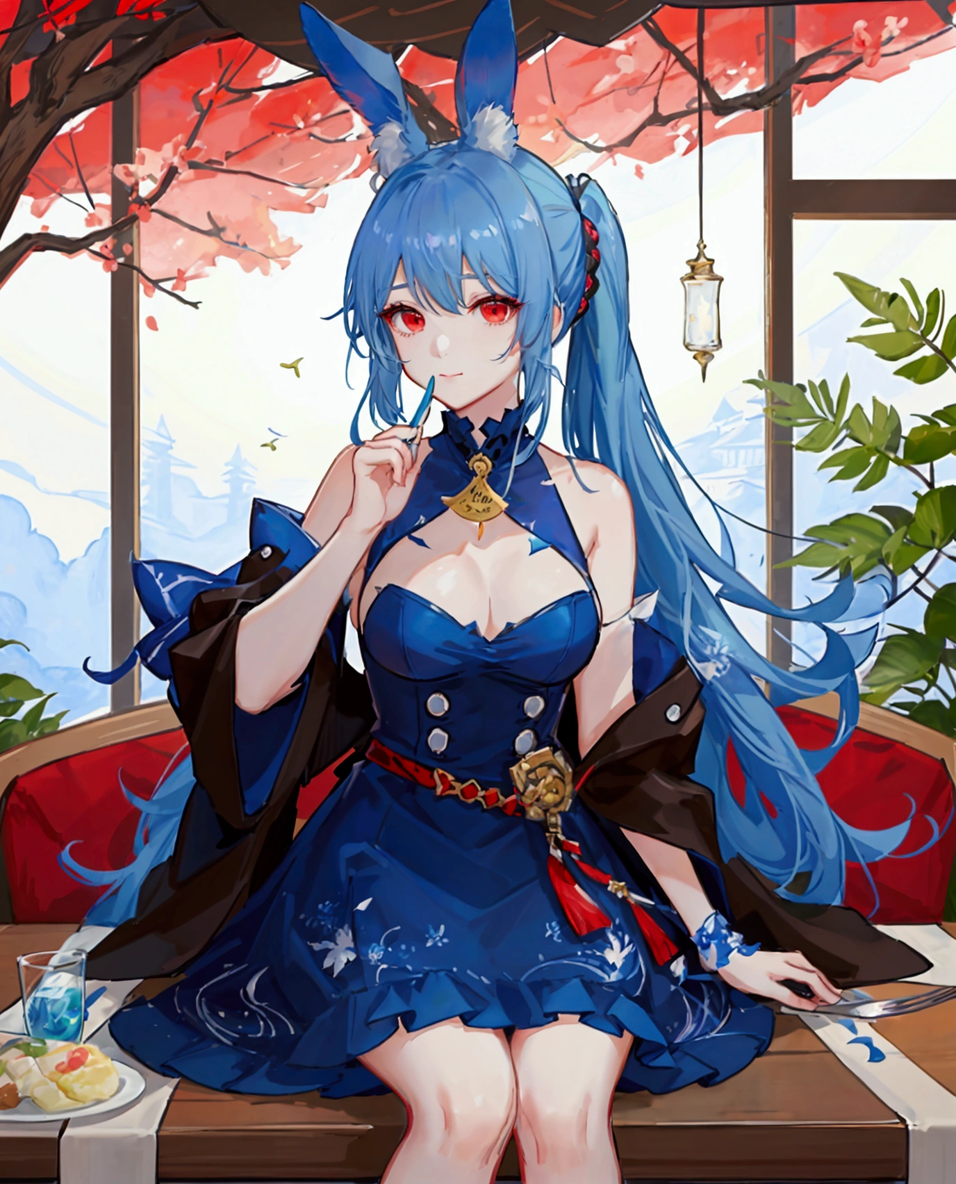 ((최고의 품질)), ((걸작)), (상세한), 여자 1명,Create an anime-style digital artwork of a character with long, blue hair tied into twin tails with bangs, and bright red eyes. The character has rabbit ears and is wearing a stylish party dress. The setting is a grand feast, with the character sitting in front of a table full of delicious food. The scene should convey a festive and luxurious atmosphere.