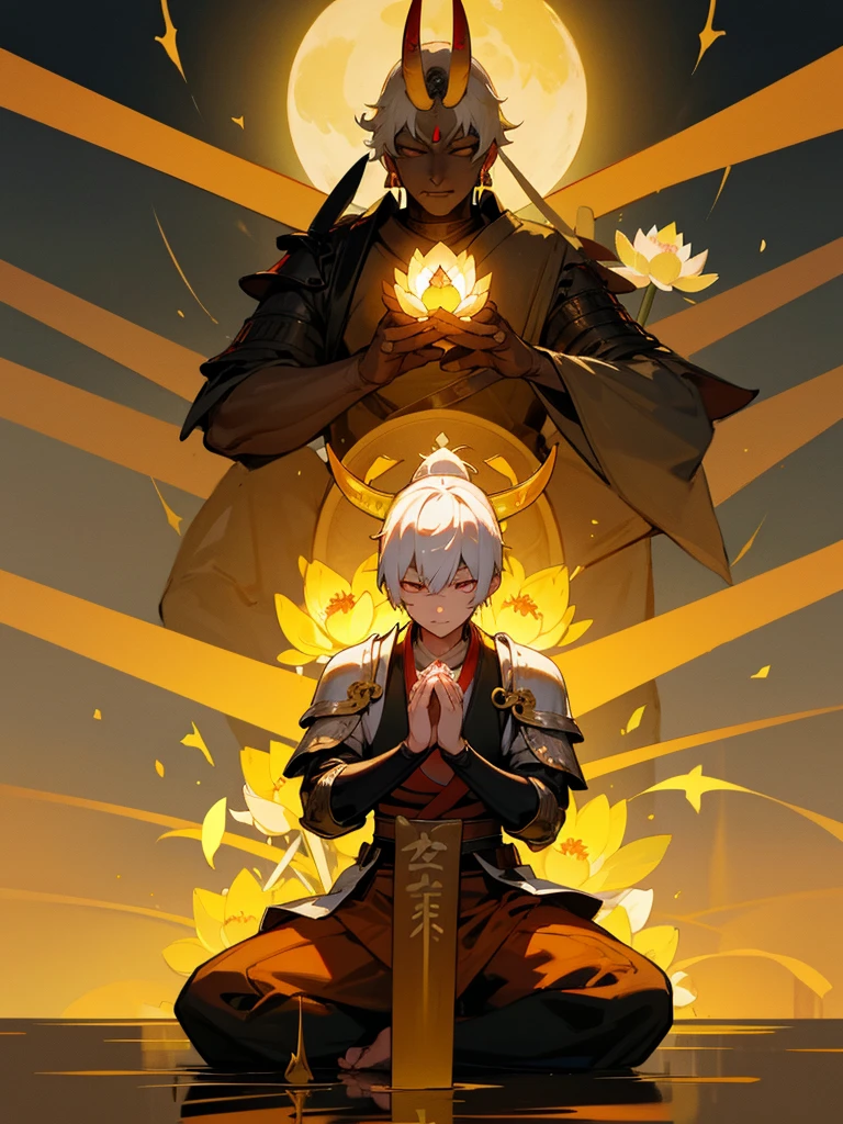 Buddha,Burning Eyes, horn, white short hair, black armor, torii, man, full moon, hands together in prayer, Zen meditation Golden guardian dog Japanese sword Lotus flower field Paradise 青い炎