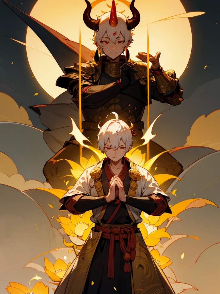 Buddha,Burning Eyes, horn, white short hair, black armor, torii, man, full moon, hands together in prayer, Zen meditation Golden guardian dog Japanese sword Lotus flower field Paradise 青い炎