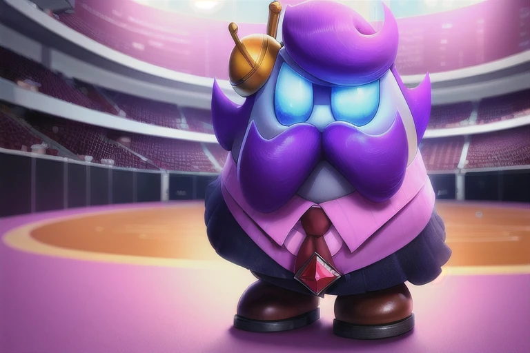 haltmann, purple hair, purple mustache, round body, wearing a dark blue suit with pink vertical lining, pink shirt, red tie, black shoes, gold suit button with a red diamond, pale purple gloves, pink cuffs, pale purple skin, blue eyes, golden earpiece with antenna