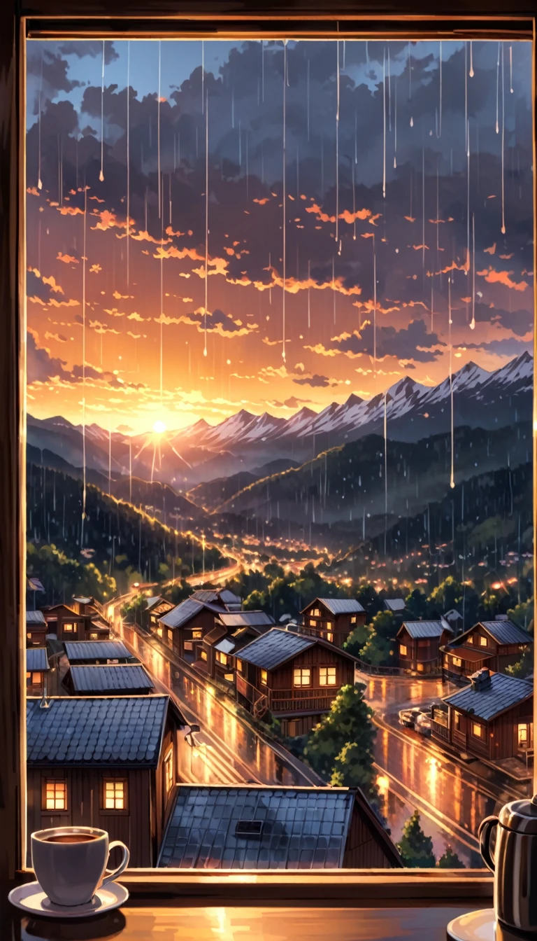 POV: Watching rain fall on a busy city street from a café window.""POV: Seeing the sunset behind mountains from a cabin window.