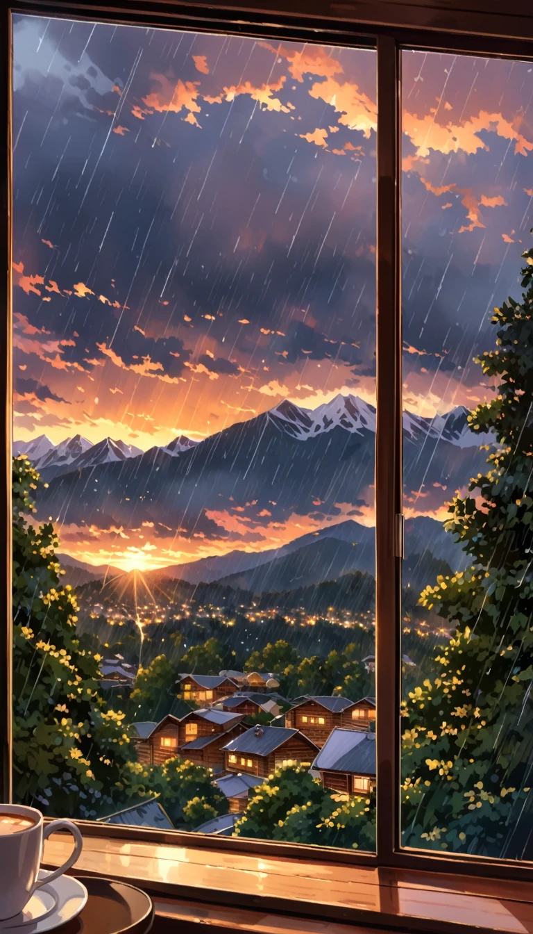 POV: Watching rain fall on a busy city street from a café window.""POV: Seeing the sunset behind mountains from a cabin window.