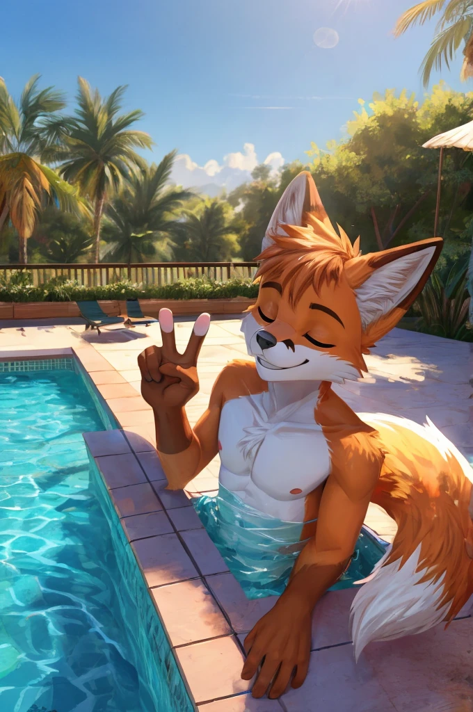 Top shot of an anthropomorphic male teenage fox which is relaxing on a pool with crystal clear water, all this while showing a smile on his face, winks and has an arm extended upward while his hand gestures a V sign, the scene is perfectly lit by the midday sun.