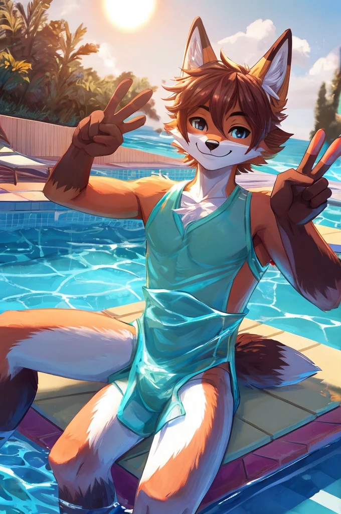 Top shot of an anthropomorphic male teenage fox which is relaxing on a pool with crystal clear water, all this while showing a smile on his face, winks and has an arm extended upward while his hand gestures a V sign, the scene is perfectly lit by the midday sun.