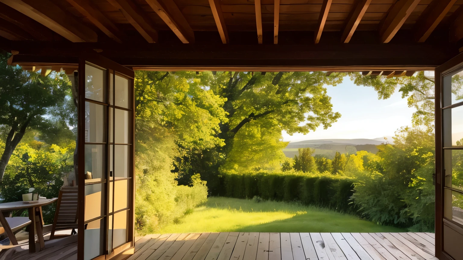 Une image ultra réaliste en haute définition d d'une forêt de pins, capturée pendant un coucher de soleil. il y a 'une jolie maison située au bord. La scène dégage des "good vibes" avec des tons chauds et une ambiance paisible. La maison est un cottage moderne avec des touches rustiques, construit en bois et en pierre, avec de grandes fenêtres. La couleur de la maison est composée de teintes naturelles, bois clair et pierres grises. Elle possède une véranda avec balustrade en bois et un toit en pente douce. Le jardin autour de la maison est bien entretenu avec des petits arbustes, des fleurs colorées, et une pelouse verte. La maison est entourée d'une forêt de pins imposants, créant une atmosphère sereine. Le coucher de soleil projette des rayons dorés et oranges à travers les arbres, et le ciel est un mélange de couleurs chaudes, du jaune au rose, avec quelques nuages doux. Un sentier de terre mène à la maison, avec quelques rochers disséminés autour. L'image doit être en résolution 4K ultra haute définition, avec des textures réalistes des matériaux de la maison, de l'écorce des pins, des feuilles et de l'herbe. La lumière chaude du coucher de soleil crée des ombres douces et allongées, avec des tons chauds et réconfortants, dans une palette de couleurs oranges, dorées et vertes. La vue est en mode paysage, capturant la maison à droite de la forêt en arrière-plan. La profondeur de champ est grande, permettant de voir clairement les détails de la maison et de la forêt. La composition suit la règle des tiers, avec la maison légèrement décalée pour équilibrer le paysage et le coucher de soleil.