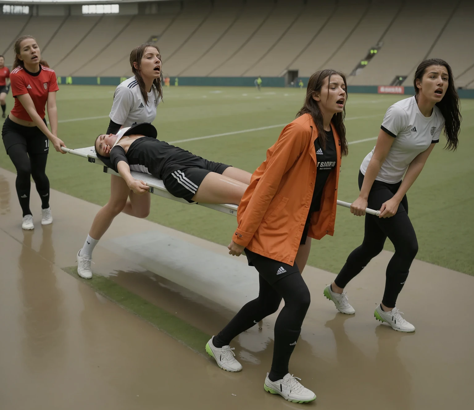 a soccer scene in a sports stadium, cool and wet weather conditions, humide ground, rainy sky, injury scene in a sports stadium, stretcher carry, there are four female medics carrying a stretcher, there are four female medics in very shiny coats who are carrying a stretcher in a sports stadium, there is a wounded male soccer player in a matte short cotton sports outfit lying on the stretcher, an injured male soccer player in matte cotton sportswear is lying in pain on a stretcher, a soccer player in matte cotton sports clothes is rearing up in intense pain while lying on a stretcher, dramatic scene, theatralic posing scene, dramatic pity scene, injury soccer, first aid, help, pity, there are four female medics in wetlook high-shine coats who are looking very sad and very terrified and very shocked, the injured soccer player is screaming out in pain while he is carried from the pitch on a stretcher