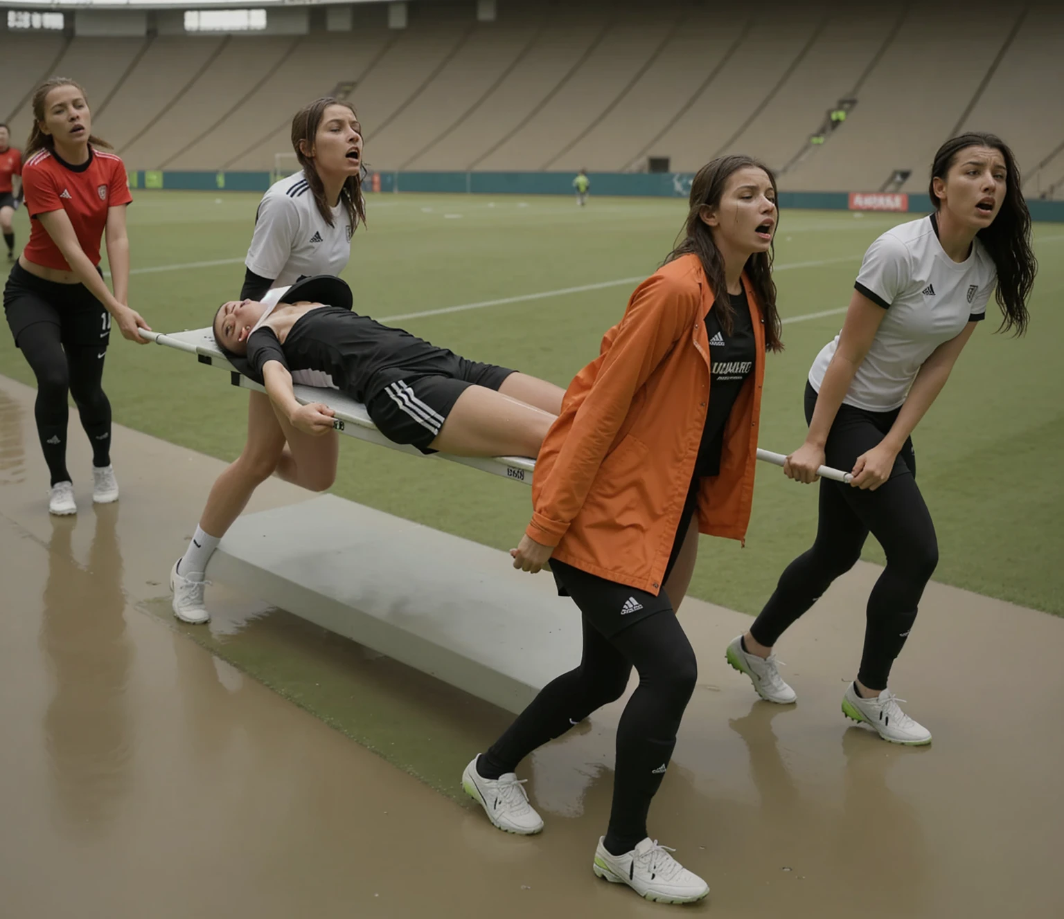 a soccer scene in a sports stadium, cool and wet weather conditions, humide ground, rainy sky, injury scene in a sports stadium, stretcher carry, there are four female medics carrying a stretcher, there are four female medics in very shiny coats who are carrying a stretcher in a sports stadium, there is a wounded male soccer player in a matte short cotton sports outfit lying on the stretcher, an injured male soccer player in matte cotton sportswear is lying in pain on a stretcher, a soccer player in matte cotton sports clothes is rearing up in intense pain while lying on a stretcher, dramatic scene, theatralic posing scene, dramatic pity scene, injury soccer, first aid, help, pity, there are four female medics in wetlook high-shine coats who are looking very sad and very terrified and very shocked, the injured soccer player is screaming out in pain while he is carried from the pitch on a stretcher